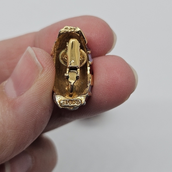 gold tone clip on earrings with red and purple enamel - Picture 2 of 5